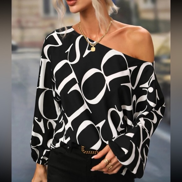Classic Alphabet Letters Abstract Print Batwing Sleeve Top Blouse Shirt Black - Picture 7 of 11